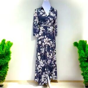 Catchme black purple floral Maxi dress shirt style button front with collar Sz M
